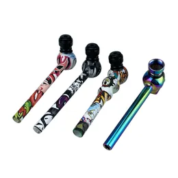Smoking Silicone Pipes Water Transfer Printed Color Metal pipe Ground With Lid Glass Pipe removable for wholesale