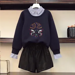 Kadınların Trailtsuits Karikatür Nakış Gevşek Kadınlar Set Rahat Sweatshirt Şerit Altındaki Saklama ve Esneklik Şortu İki Parça PU DERİ