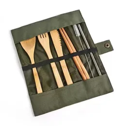 أدوات المائدة الخشبية مجموعة خيزران ملعقة صغيرة من شوكة شوكة سكين مجموعات أدوات المائدة مع أدوات طبخ كيس القماش أواني RRA710