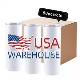 US Warehouse Sublimation Blanks Tumblers 20oz rostfritt stål raka muggar vit tumbler med lock och halm Värmeöverföring Presentmugg Flaskor ss1227