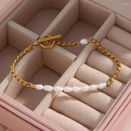 Braccialetti con ciondoli Braccialetto a catena in acciaio inossidabile placcato oro 18 carati Chic Perla naturale d'acqua dolce per le donne Braccialetto avvolgente per amicizia