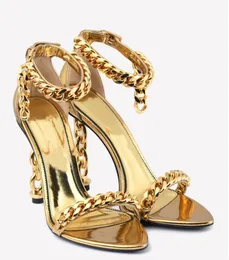 Sandália tom-f-sandália de marca de luxo com cadeado sapatos de salto alto feminino couro espelhado com elo de corrente sandálias de salto de 105 mm detalhadas bombas de tira de tornozelo com caixa