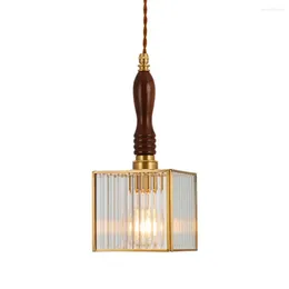 Pendant Lamps Nordic Vintage Light Brass Walnut Wood Glass Fixture For Dining Room Antique Loft LED Hanging Lamp Home Decor Lighting