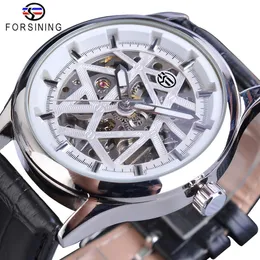 Forsining 2021 Royal Luxury Design Herren Silber Getriebe Uhrwerk Transparente Sternoberfläche Offene Arbeit Skelett Mechanische Armbanduhr252o