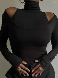 Женские рубашки T Omsj Solid Fashion Tops Set Set Streetwear Сексуальная девочка Slim Turtleneck Randevels