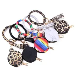 NewColorful PU Leather Tassels Bracelets Keychain Party Favor Wristlet Sunflower Leopard Earphone Bags Makeup Bag With Mirror Keyring Heads RRA690