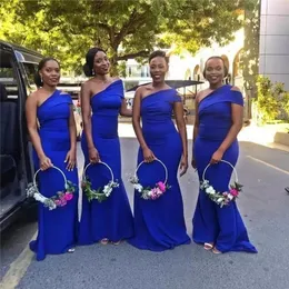 Royal Blue Mermaid 신부 들러리 드레스 아프리카 여자 섹시 한 어깨 주름 긴 결혼식 게스트 드레스 하녀 명예 가운 맞춤형 메이드 메이드