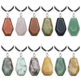 Natural Stone Coffin Shape Fortune Feng Shui Pendant Quartz Agate Healing Crystal Charms Rope Necklace Jewelry