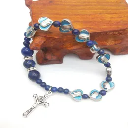 L￤nk armband bl￥ jungfru mary hj￤rtformade p￤rlstav armband Kristus Jesus Cross Pendant f￶r kvinnor m￤n religi￶sa katolska smycken