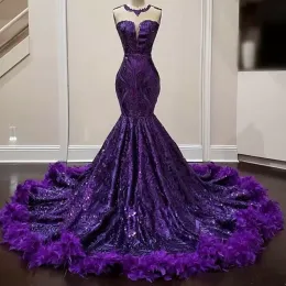 Purple Romaid Prompers с перьями Sequin Sexy Luxury Evening Gowns Black Girls vestidos