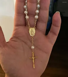 링크 브레이슬릿 Somesoor Glass Pearl Beads Rosaries 팔찌 십자가 침례 세례 가톨릭 호의기도기도 보석 액세서리 여성