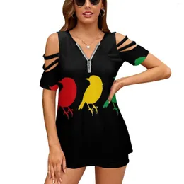 Women's T Shirts 3 Little Birds-Three Birds Rasta Colors Bob Song Fashion Zip Off Shoulder Top Short-Sleeve Women Shirt Rastafari