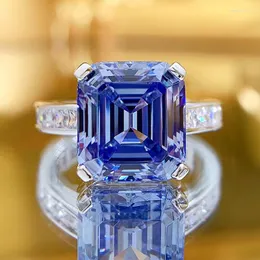 Bröllopsringar Fashion 925 Sterling Silver Ring Inlay High Carbon Emerald Cut 10x11mm Blue-Gray Created Diamonds for Engagement Fine Jewelry