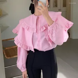 Kvinnors blusar 2022 Spring Women's Sweet Ruffles Dubbelskikt krage mode elegant koreansk stil vilda rosa chic skjortor toppar