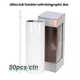 Lokalt lager 20oz sublimering rak mager tumlar med holografisk låda diy vakuumisolerad värmeöverföring kaffekopp med lock z11