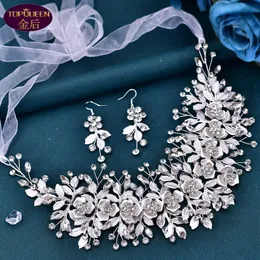 Festival Düğün Tiara Küpe Seti Gümüş Çiçekler Barok Gelin Kenar Taç Düğün Takı Saç Aksesuarları Kraliyetleri Başlıklar