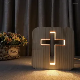 Nattljus USB 3D LED Wood Light Jesu Cross Christiana Illusion Luminaria Lampgåvor för kristen religiös katolisisme Ortodox