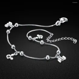 Fußkettchen, massives Silber, Damen-Fußkettchen, 925, runde Perlen, Schlangenkette, Knöchelschmuck, Sommermode-Accessoires, 23, 5 cm Länge