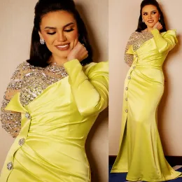 2023 Желтые платья для выпускного вечера русалка с длинными рукавами атласные кристаллы из бисера боковой щель настраиваемые вечерние платья для вечеринок vestidos formal ocn