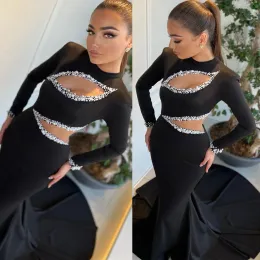 2023 Black Prom Dresses Long Sleeves Jewel Neck Crystals Beaded Cutaway Bust Waist Custom Made Floor Length Evening Gown Formal Ocn Wear Vestidos Plus Size 401 401