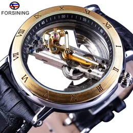 ForSining Luxury Steampunk Men Skeleton Watch Present Waterproof Automatisk armbandsur Minimalism Läderremmen Transparent Watch Slze207s