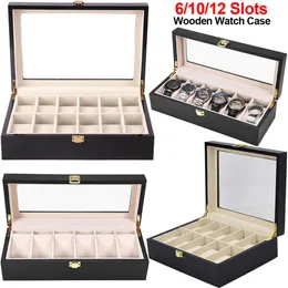 6 10 12 Slots Caixa de relógio Black Wooden Jewelry Organzer Exibição Exibição de vidro de vidro Relógios de pulso Caixa de luxo D40241D