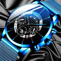 Il calendario degli affari di moda maschile di lusso mostra l'orologio analogico al quarzo con cinturino in maglia di acciaio inossidabile blu relogio masculino Mens Watch216j