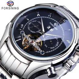 Forsining Business Mens Relógio Mecânico Automático Turbilhão Calendário Semana Exibição Prata Aço Inoxidável Erkek Kol Saati Clock254w