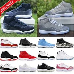 Top Designer Sneaker 11 11s Mens Basquete Sapatos Meia-noite Marinha Veludo Cool Cinza Cereja 72-10 25º Aniversário Concord Bred