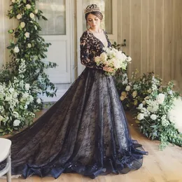 2023 Gothic Black Lace A Line Wedding Dresses Long Sleeves Deep V-Neck Backless Garden Bridal Gowns Appliqued Vintage Classic Pastral Bride Vestido De Novia