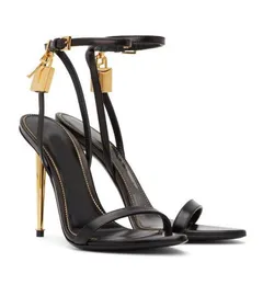 Eleganti sandali con tacco a spillo scarpe da donna Stilista di moda Lucchetto in raso oro Scarpe eleganti Sandalo da donna con tacco alto in vera pelle di alta qualità a fascia stretta