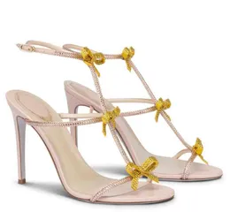 2024 여름 디자이너 Rene-C Low Heeled Jeweled Sandals Bow Crystals Woman Walking Flats 파티 웨딩 섹시 하이힐