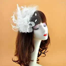 Headpieces White Birdcage Net Wedding Hats Bridal Fascinator Face Veils Feather Flower With Hairpin Cocktail Tea Party Headwewar For Girls