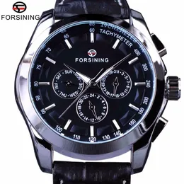 Forsining Classic Series Black Genuine Leather Strap 3 Dial 6 Hands Men Watch Top Brand Luxury Automatic Mechanical Watch Clock2424