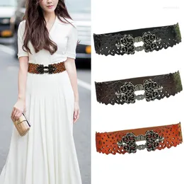 Cintos de couro versátil vintage Hollow Out Elastic Wide Girdle Ladies Dress Sweater Decorated Waist Belt