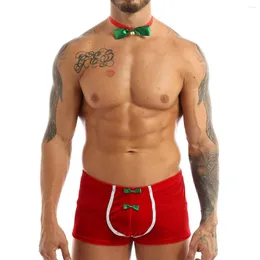 Unterhosen für Herren, weicher Samt, Weihnachts-Dessous, Unterwäsche, Feiertags-Fantasie, Cosplay-Kostüm, mittelhoher vorderer Bulge-Beutel, Boxershorts mit Fliege