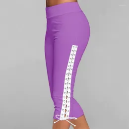 Kobiety legginsy kobiety sportowe spodnie solidny kolor oddychający z boku koronki w górę pustej dna wysokie talia Slim Capri Elastic Bandage