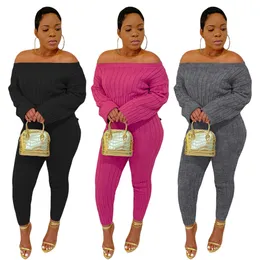 2024 Designer Fall Winter Woolen tracksuits women Matching Sets Women Elegant Knitting 2 Piece Set Solid Off Shoulder Sweater Pants Knit Suits Wholesale 8973