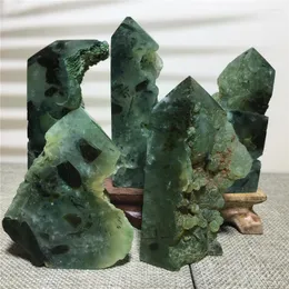 Decorative Figurines Natural Prehnite Tourmaline Hairstone Tower Point Home Decor Green Druzy Quartz Crystal Stone Obelisk Wand FengShui