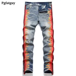 Retro Blau Stretch Bedruckte Herren Jeans Sommer Mode Slim Fit Ripped Hole Denim Hosen Punk Seitenstreifen Streetwear Pantalones Para Hombre Vaqueros