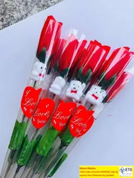2021 Simulation Rose Flower Single Red Roses Cartoon Bear With a heartshaped Sticker Valentines Day Gift Mothers Day Gift Wedding