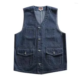 Gilet da uomo Motocicletta di alta qualità Gilet da motociclista in denim lavato retrò giapponese Uomo e donna Gilet da cowboy a righe casual multitasche Quattro S