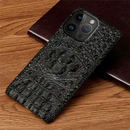 Genuine Leather Case for iPhone 14 Pro Max 13 12 3D Crocodile Skull Armor Back Cover