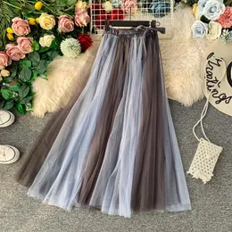 Skirts HISUMA 2022 Summer Female Color Block High Waist Lace Up Bow Mesh Pleated Skirt Women's Elegant Gauze