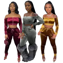 2024 Designer Women Tracksuits Sexy Off Axel Two 2 Piece Pants Set Fall Clothes Solid Velvet Matching Sets Jacket Crop Top Trousers Passar grossistkläder 9002