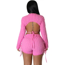 Nouveau gros bulle tenues femmes deux pièces ensemble survêtements automne vêtements à manches longues dos nu chemise et shorts décontracté bandage vêtements de sport solide costumes de sport 9086