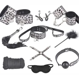 Beauty Items 10 Stück sexy Spiele Leoparden-Leder-Bondage-Sets Erotik-BDSM-Fesseln Training Sklavenwerkzeuge Fetischismus Paare SM-Spielspielzeug