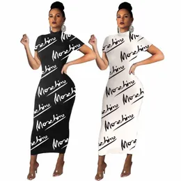 Summer Kobiety krótkie rękawy Maxi sukienki seksowna czarna biała litera druku