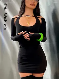 Casual Dresses Side With Me Cut Out Sexy BodyCon Women's Mini Dress 2022 Summer Long Sleeve Halter Slim Party Club Woman