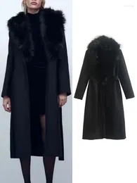 Women's Down Winter Women Fur Collar Woolen Coat With Belt 2023 Simple Long Sleeve Outwear Warm Basic Fashion Loose Solid Overcoat